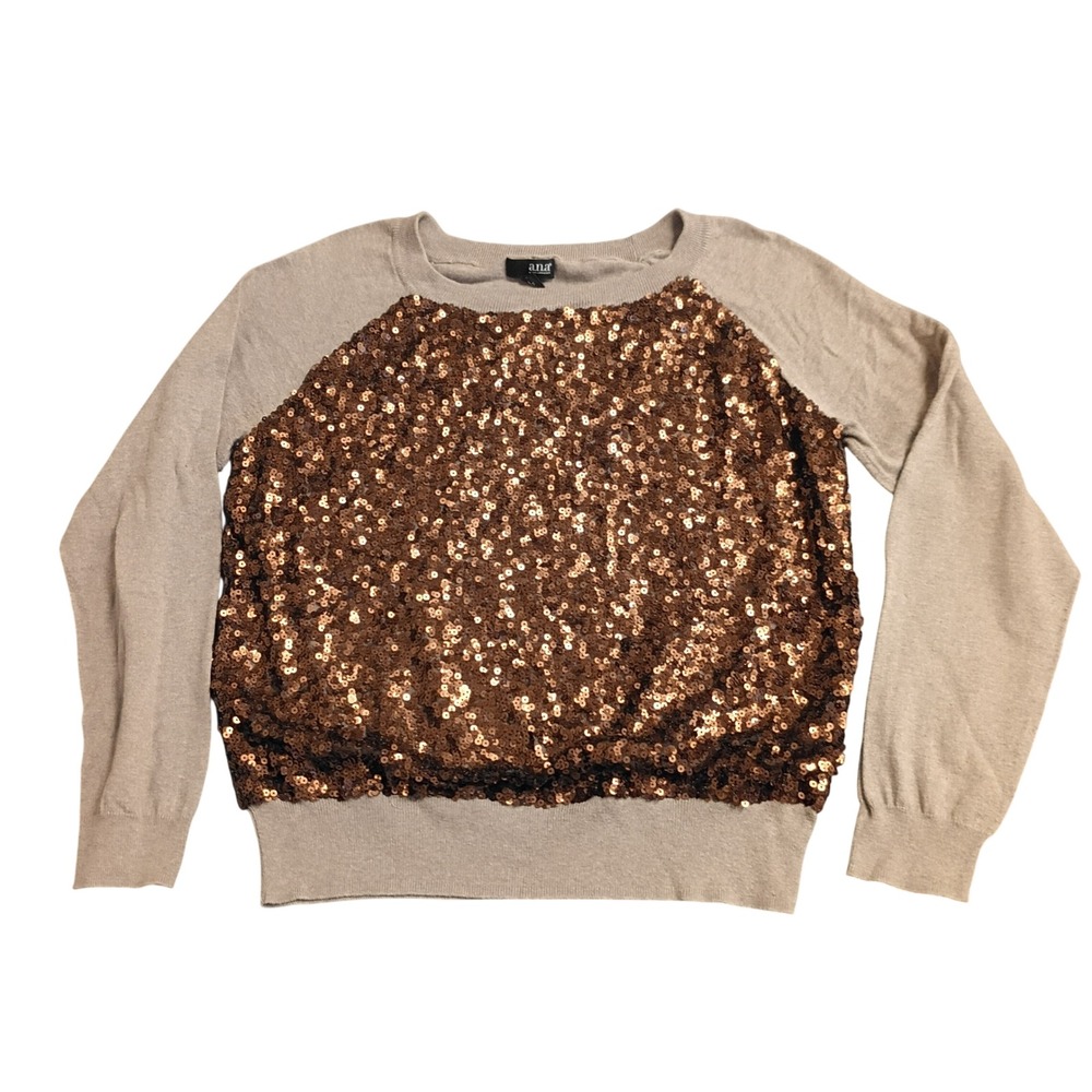 a.n.a Sequin Front Sweater Womens XL Taupe Bronze Sparkly Holiday Party Pullover